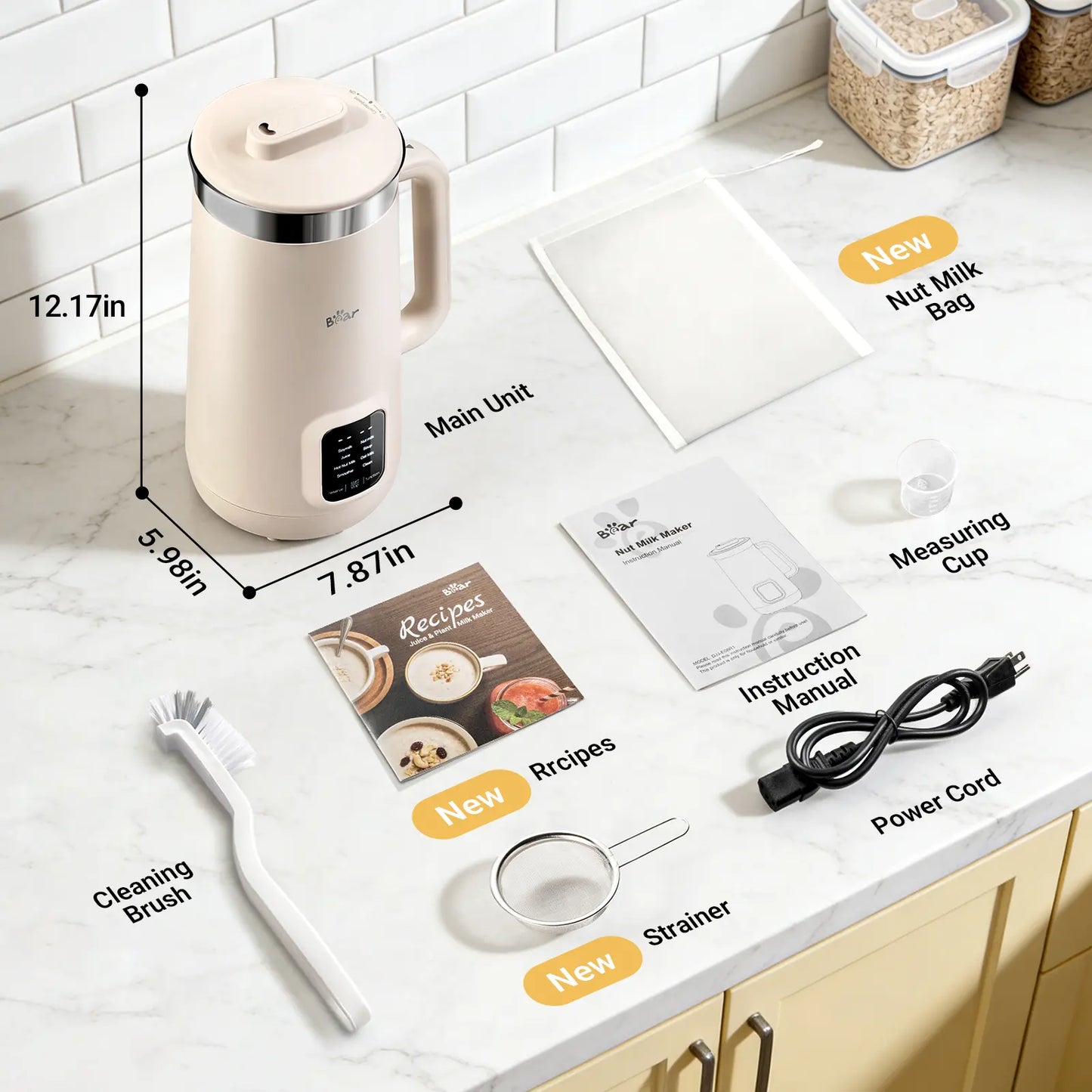 Bear 8 Functions All-In-One Nut Milk Machine, 40oz 1.2L Soy Milk Maker with Automatic Self-Cleaning, 12H Delayed Start and 6H Warm Hold, Single Tap Control Almond Milk Blender to Make Homemade Oat Drinks, Soup, Fruit Juice & Dairy-Free Beverages