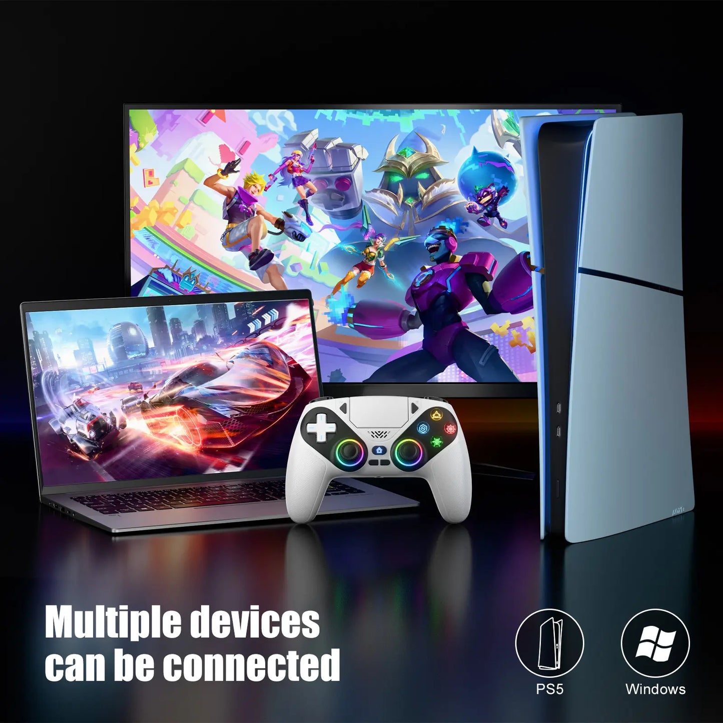 Premium Wireless Gaming Gamepad for PS5 Featuring Vibrant RGB Light Effects – Fully Compatible with PS5 System, Twin Shock Vibration, Motion Sensor Function, User-Programmable Controls & 1000mAh Fast Refueling Battery