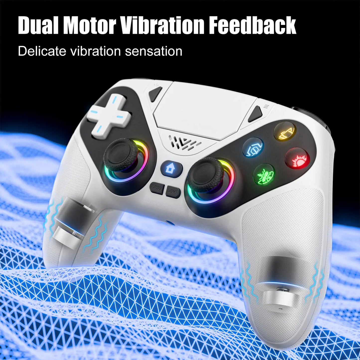 Premium Wireless Gaming Gamepad for PS5 Featuring Vibrant RGB Light Effects – Fully Compatible with PS5 System, Twin Shock Vibration, Motion Sensor Function, User-Programmable Controls & 1000mAh Fast Refueling Battery