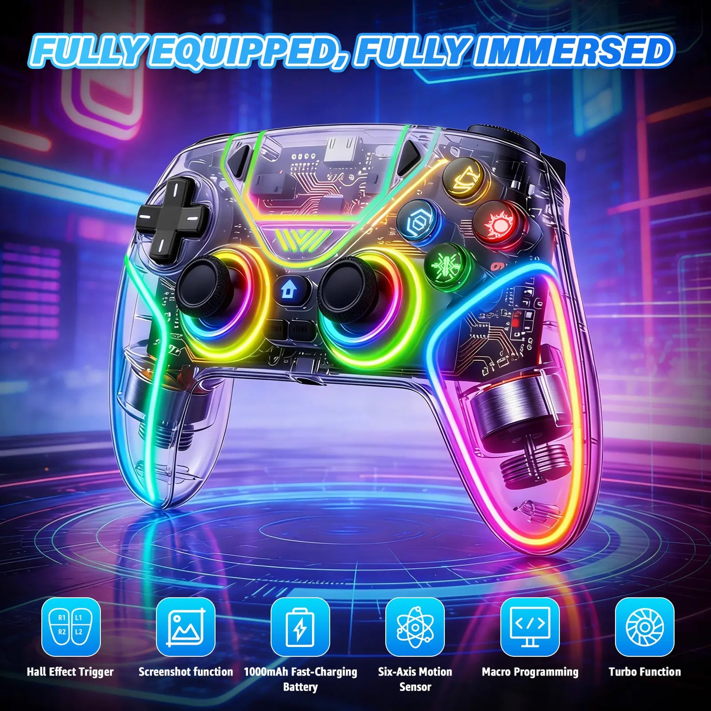 Premium Wireless Gaming Gamepad for PS5 Featuring Vibrant RGB Light Effects – Fully Compatible with PS5 System, Twin Shock Vibration, Motion Sensor Function, User-Programmable Controls & 1000mAh Fast Refueling Battery