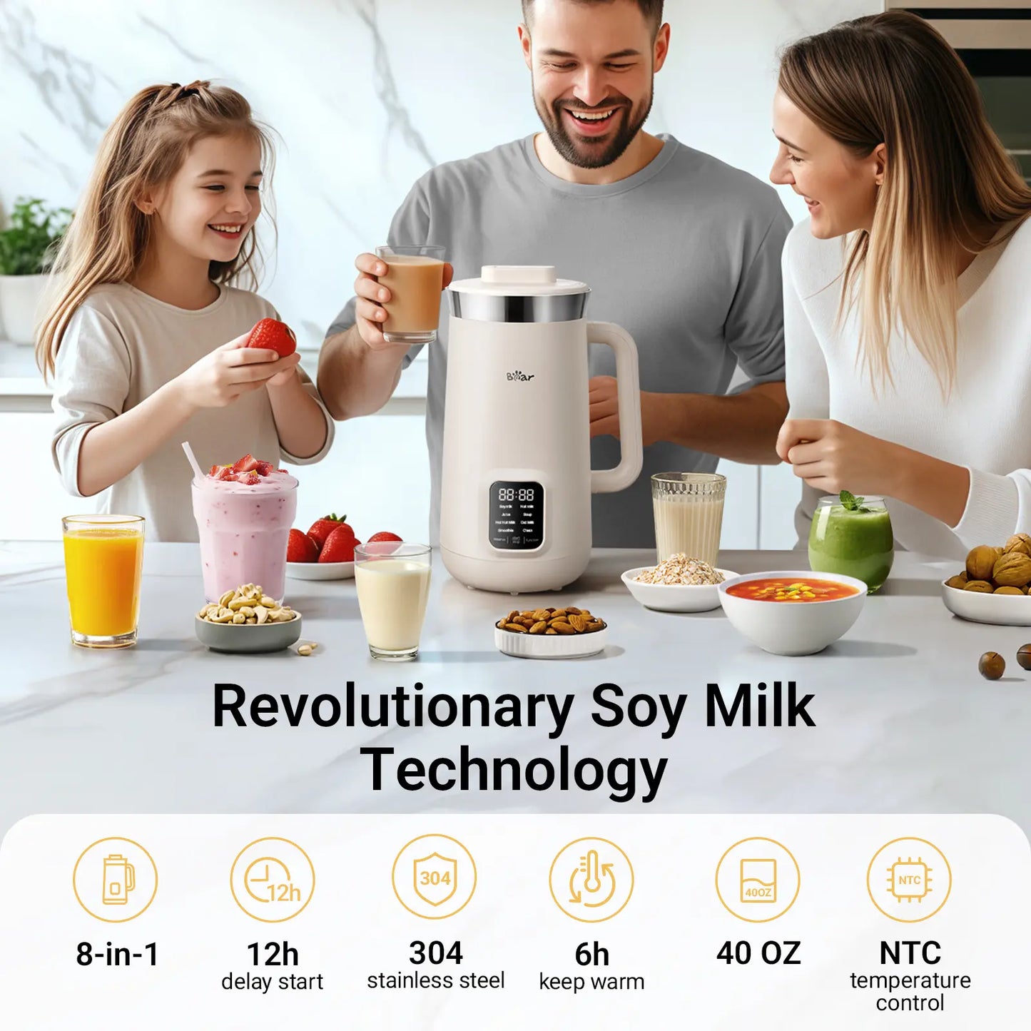 Bear 8 Functions All-In-One Nut Milk Machine, 40oz 1.2L Soy Milk Maker with Automatic Self-Cleaning, 12H Delayed Start and 6H Warm Hold, Single Tap Control Almond Milk Blender to Make Homemade Oat Drinks, Soup, Fruit Juice & Dairy-Free Beverages