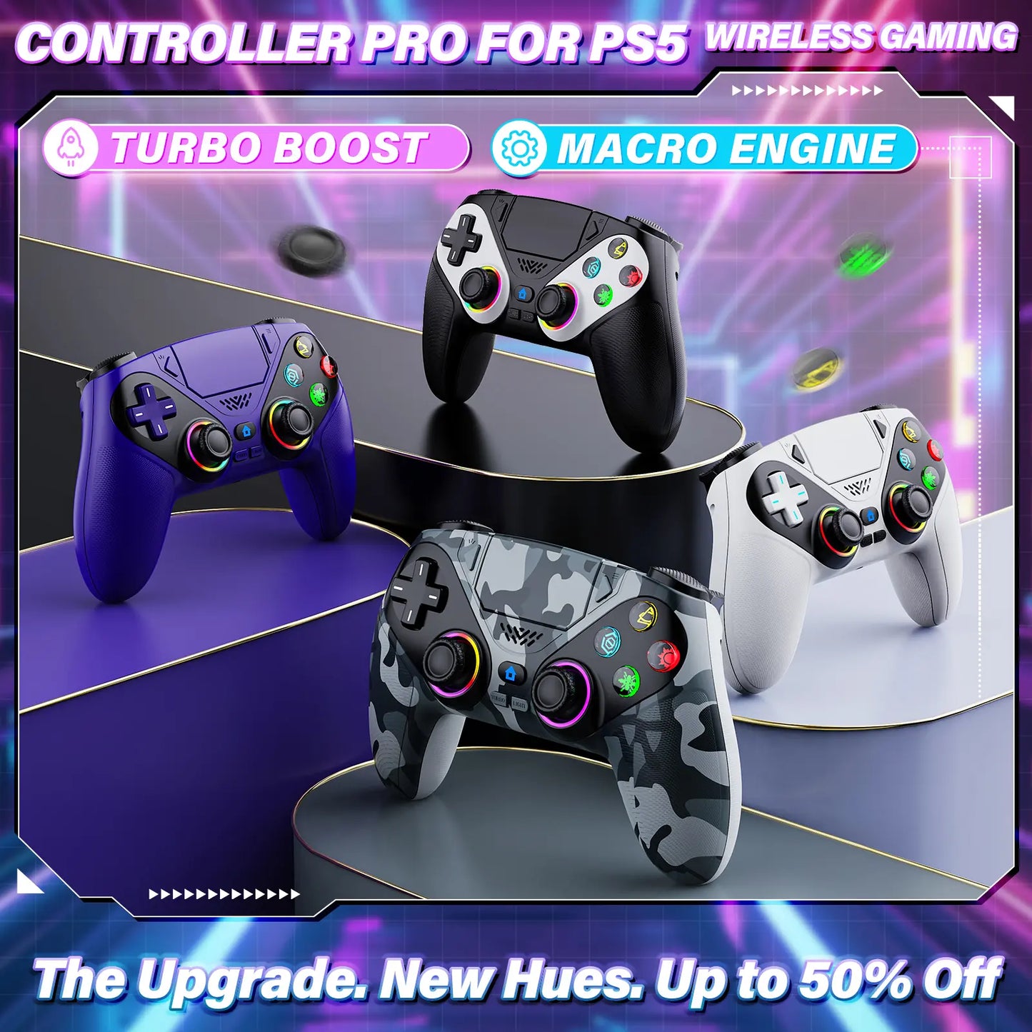 Premium Wireless Gaming Gamepad for PS5 Featuring Vibrant RGB Light Effects – Fully Compatible with PS5 System, Twin Shock Vibration, Motion Sensor Function, User-Programmable Controls & 1000mAh Fast Refueling Battery