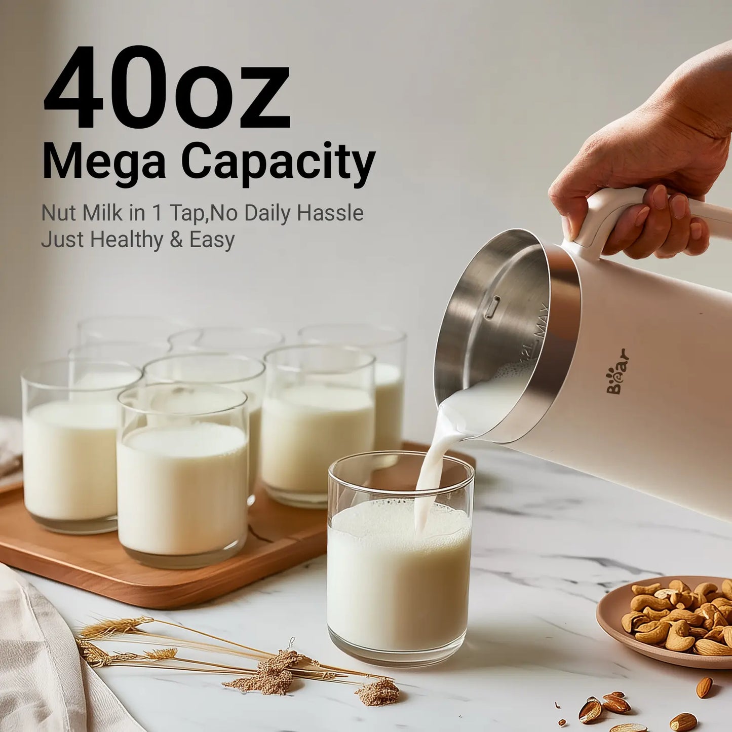 Bear 8 Functions All-In-One Nut Milk Machine, 40oz 1.2L Soy Milk Maker with Automatic Self-Cleaning, 12H Delayed Start and 6H Warm Hold, Single Tap Control Almond Milk Blender to Make Homemade Oat Drinks, Soup, Fruit Juice & Dairy-Free Beverages
