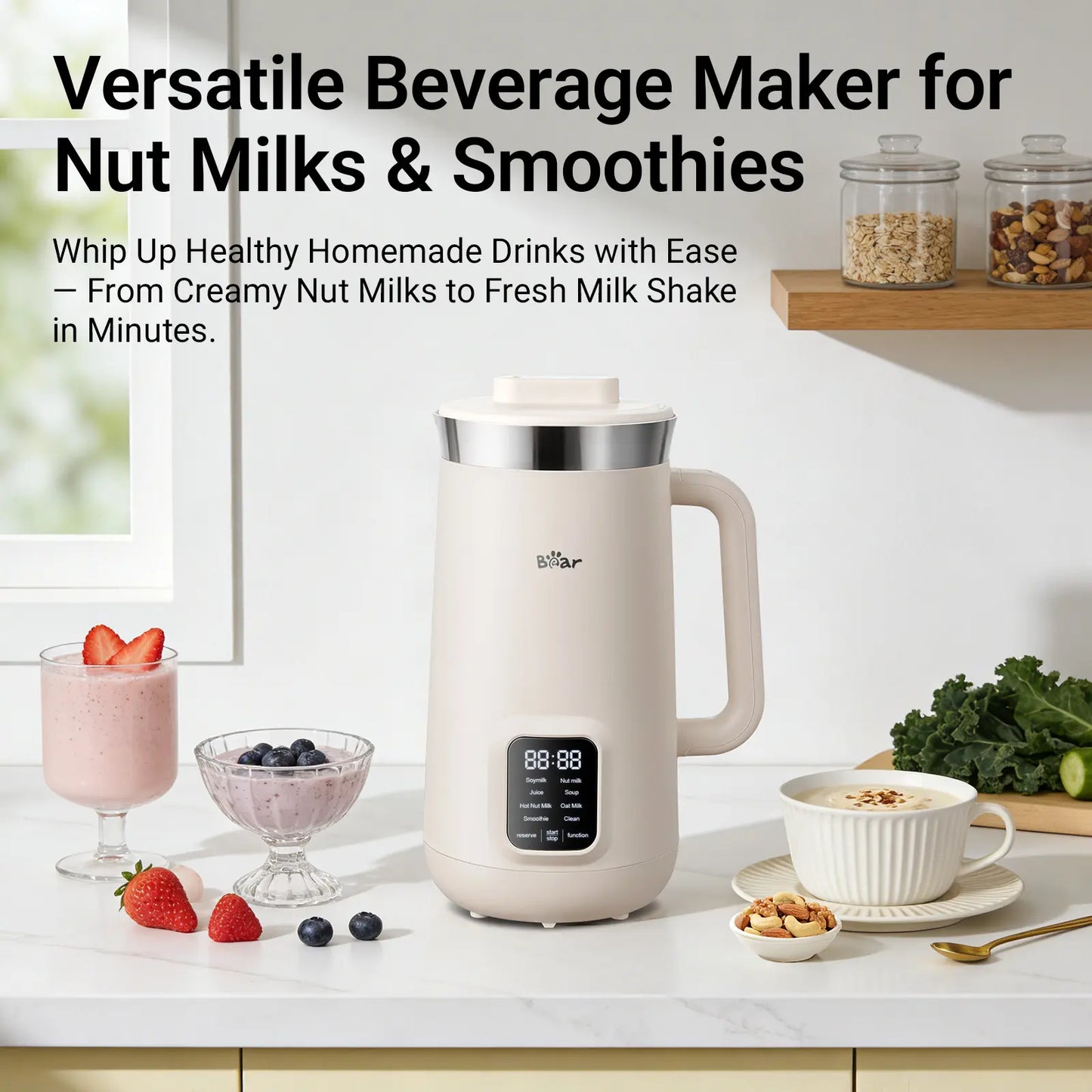 Bear 8 Functions All-In-One Nut Milk Machine, 40oz 1.2L Soy Milk Maker with Automatic Self-Cleaning, 12H Delayed Start and 6H Warm Hold, Single Tap Control Almond Milk Blender to Make Homemade Oat Drinks, Soup, Fruit Juice & Dairy-Free Beverages