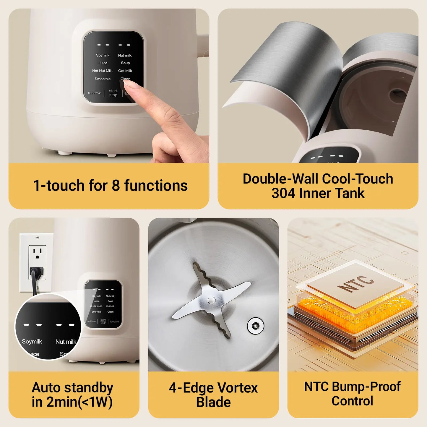 Bear 8 Functions All-In-One Nut Milk Machine, 40oz 1.2L Soy Milk Maker with Automatic Self-Cleaning, 12H Delayed Start and 6H Warm Hold, Single Tap Control Almond Milk Blender to Make Homemade Oat Drinks, Soup, Fruit Juice & Dairy-Free Beverages