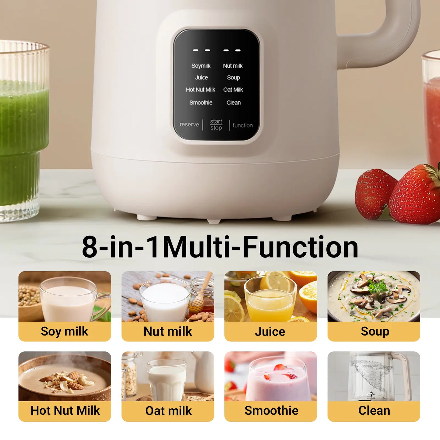 Bear 8 Functions All-In-One Nut Milk Machine, 40oz 1.2L Soy Milk Maker with Automatic Self-Cleaning, 12H Delayed Start and 6H Warm Hold, Single Tap Control Almond Milk Blender to Make Homemade Oat Drinks, Soup, Fruit Juice & Dairy-Free Beverages