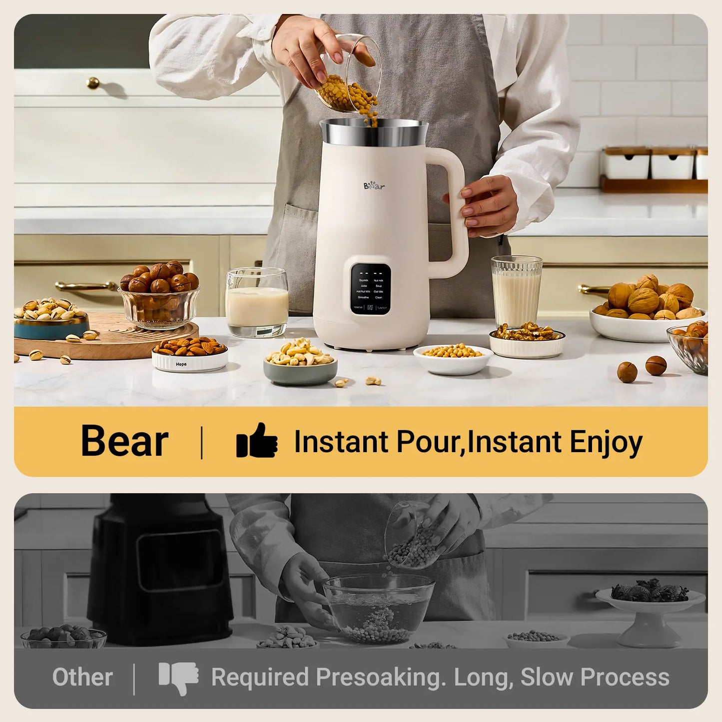 Bear 8 Functions All-In-One Nut Milk Machine, 40oz 1.2L Soy Milk Maker with Automatic Self-Cleaning, 12H Delayed Start and 6H Warm Hold, Single Tap Control Almond Milk Blender to Make Homemade Oat Drinks, Soup, Fruit Juice & Dairy-Free Beverages