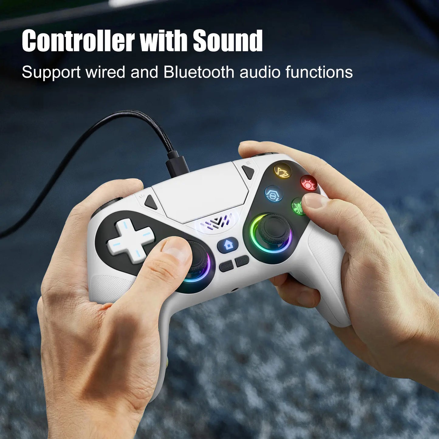 Premium Wireless Gaming Gamepad for PS5 Featuring Vibrant RGB Light Effects – Fully Compatible with PS5 System, Twin Shock Vibration, Motion Sensor Function, User-Programmable Controls & 1000mAh Fast Refueling Battery